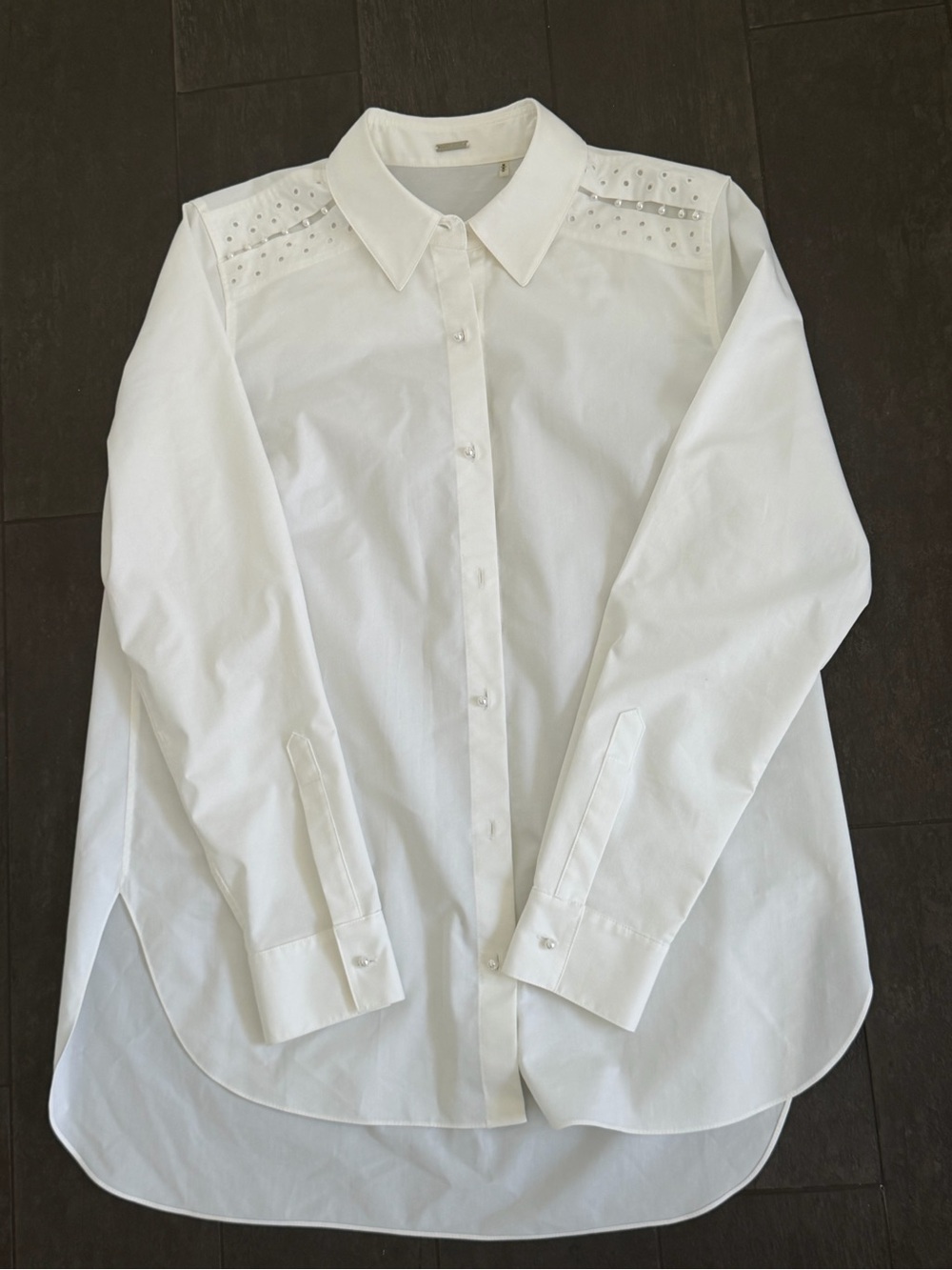 Elie Tahari White Button-Up Blouse with Pearl Embellishment